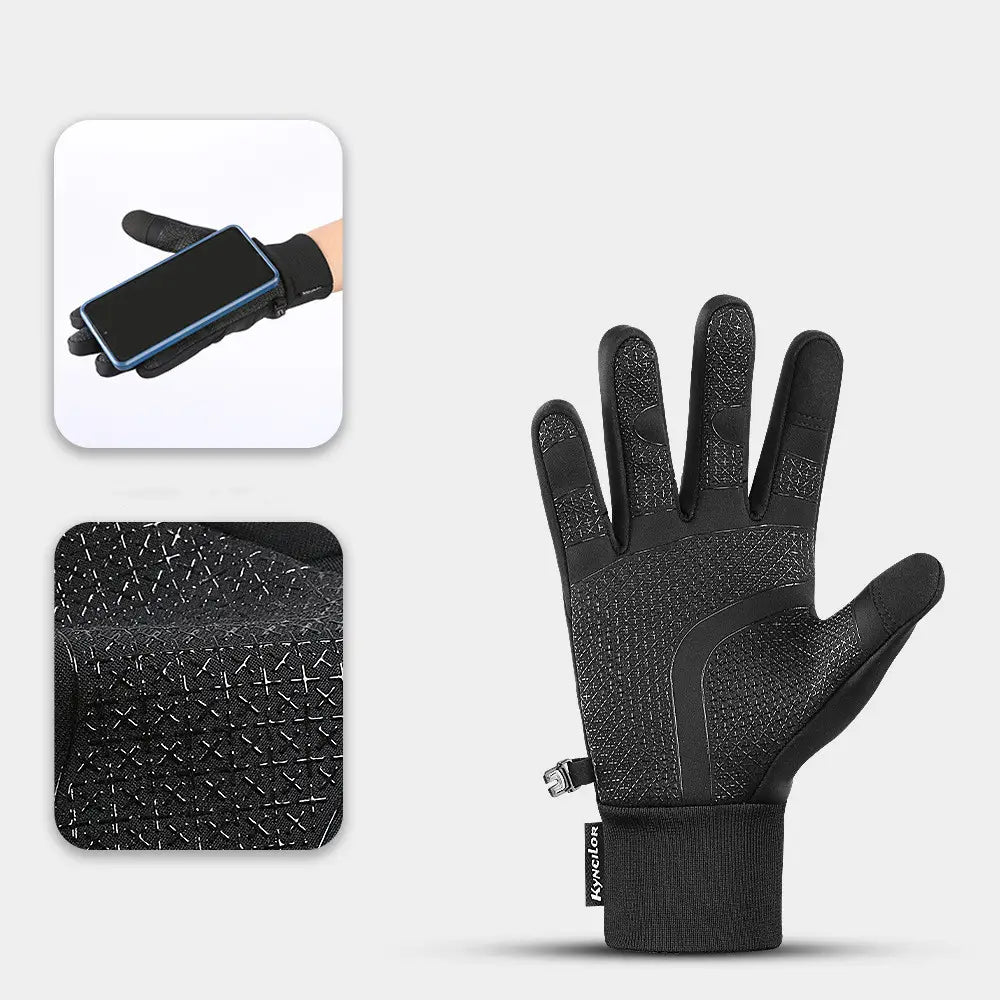Black windproof thermal touchscreen winter gloves with a textured reinforced grip pattern and subtle reflective stitching shown from the back side