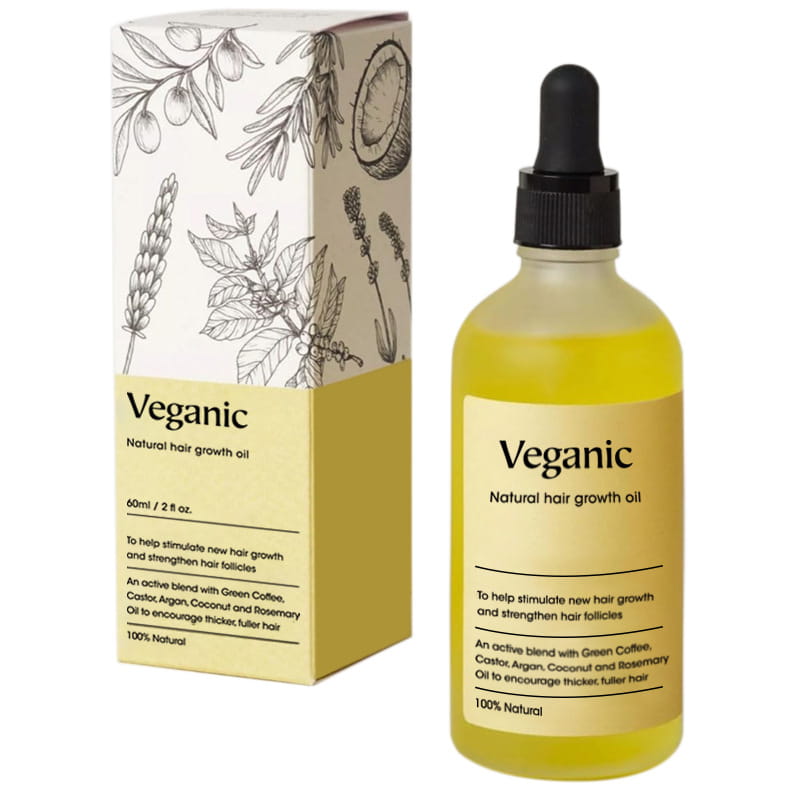 Veganic natural hair growth oil in a clear glass bottle with a black dropper cap filled with golden-yellow liquid for vegan natural essential treatment.