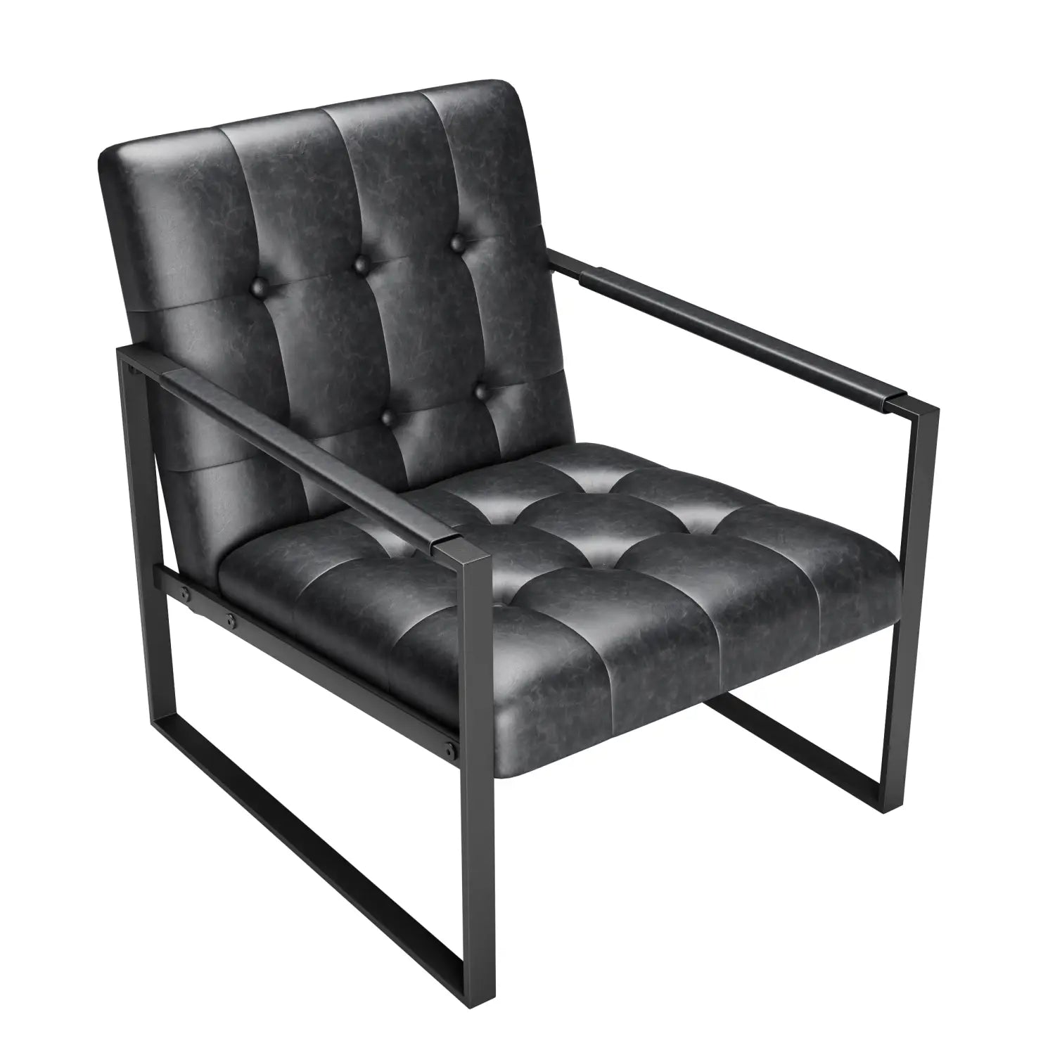 Sillón de acento de cuero negro con capitoné con un marco metálico elegante, diseñado para espacios de vida modernos.