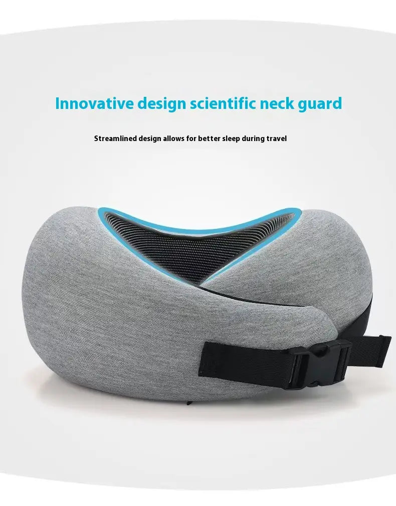 Gray and black memory foam travel neck pillow with mesh interior designed for adjustable ergonomic support during journeys