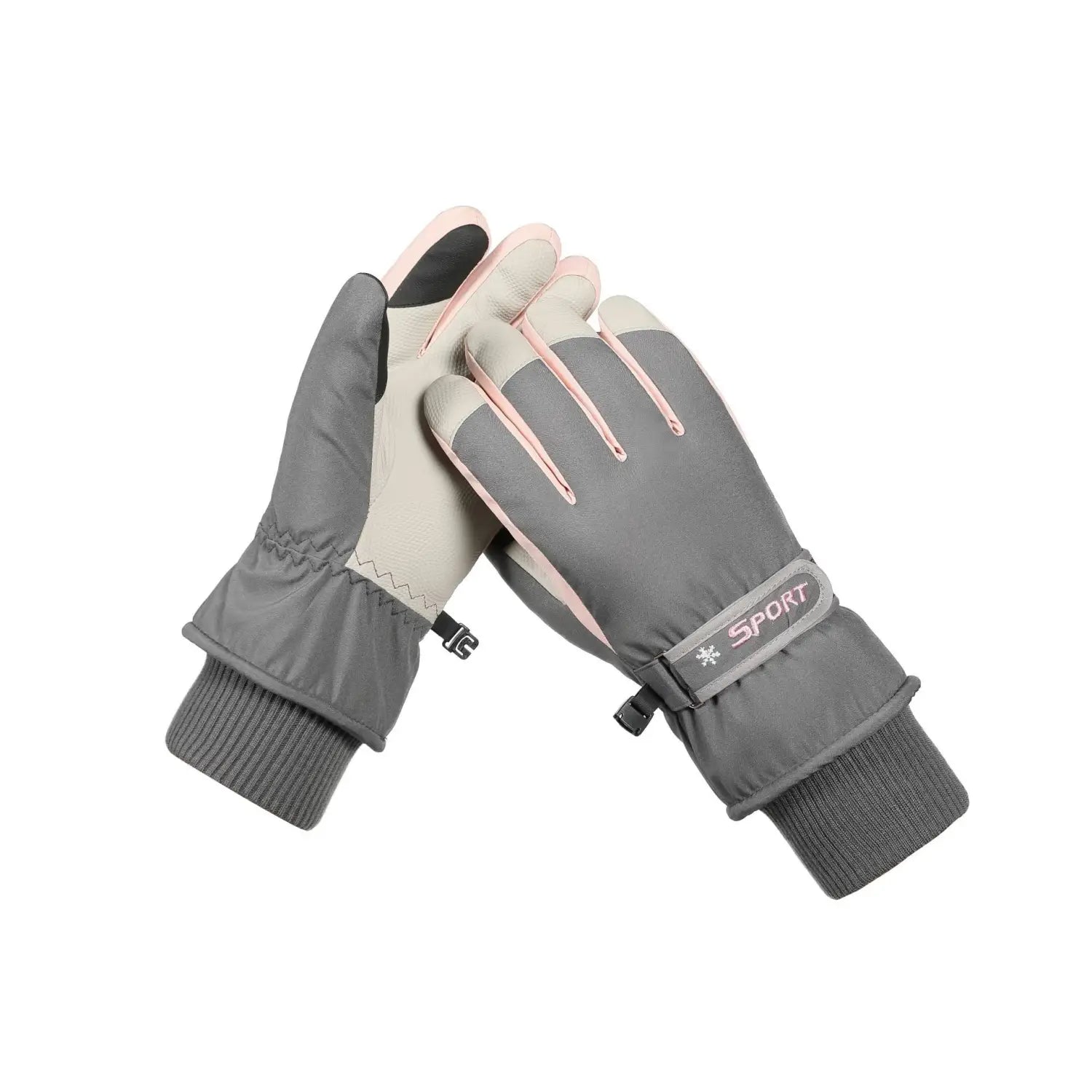 gray and pink touchscreen winter cycling gloves with a sporty design and reinforced fingertips for grip shown from the back side