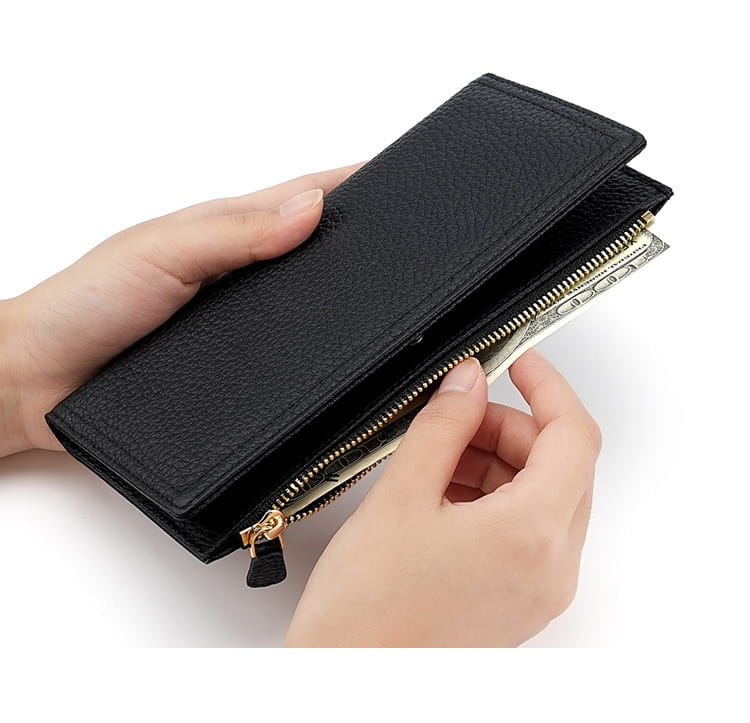 Black textured cowhide leather anti theft RFID long zip wallet with gold-toned zipper and pull tab.