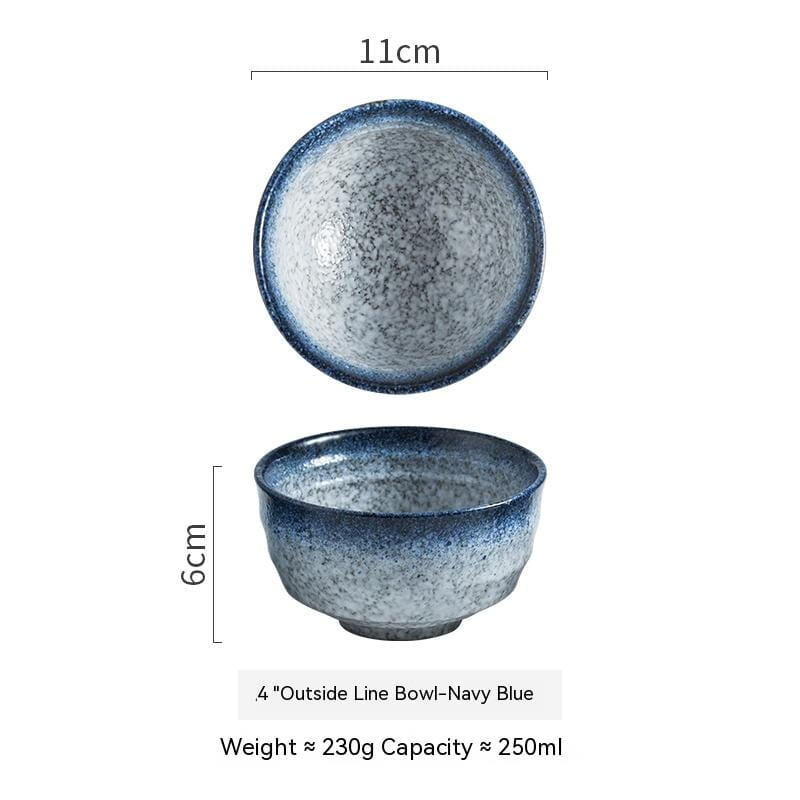 Navy blue ceramic bowl with speckled glaze and slightly tapered shape suitable for retro porcelain rice tableware 4 inch.