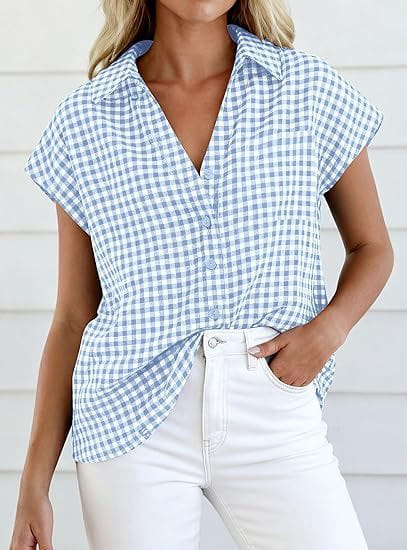 Light blue and white gingham patterned short-sleeved button-up blouse with front knot detail.