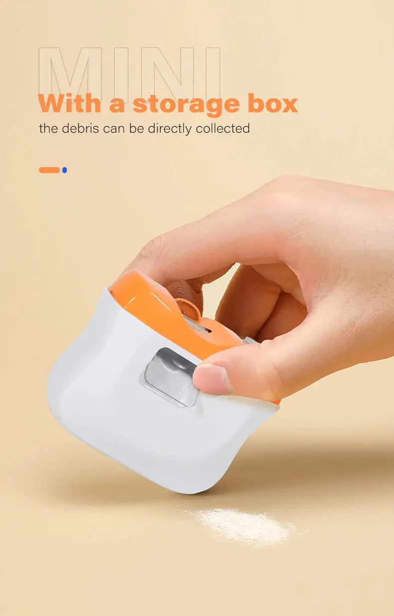White and orange handheld vacuum cleaner with storage box for collected debris shown with electric nail clippers featuring led display and trimmer.