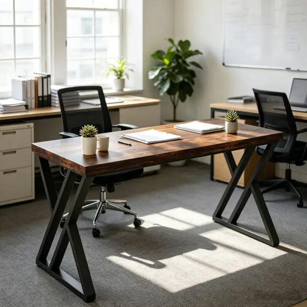 Escritorio industrial de 55 pulgadas de mesa de madera oscura con patas metálicas negras en forma de X.