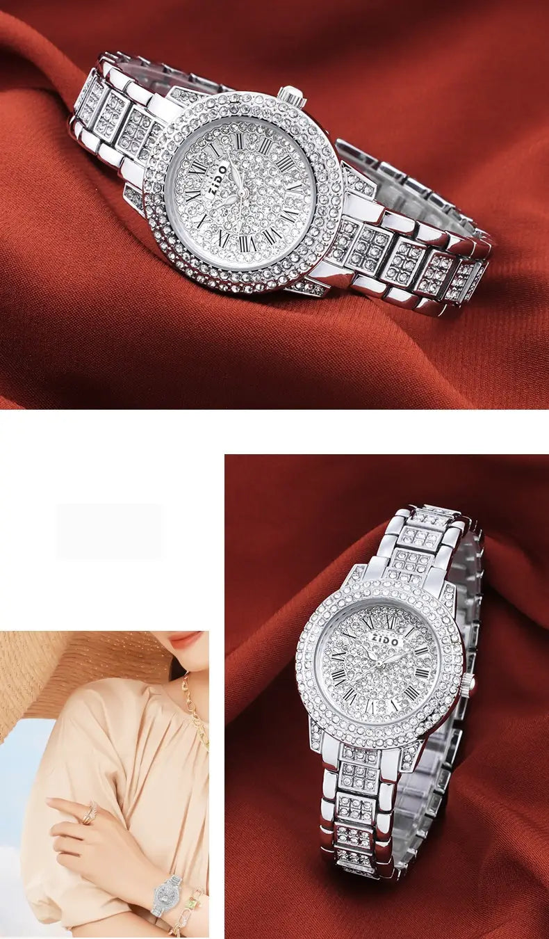 Silver diamond-encrusted rose gold zido women’s quartz watch with a sleek rectangular-link bracelet and roman numeral dial.