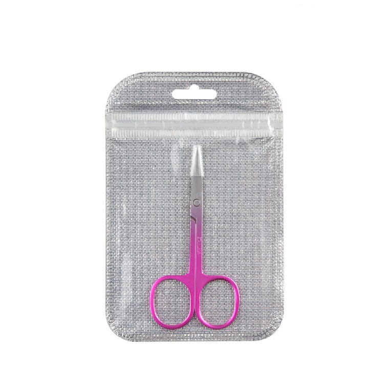 Ciseaux irisés en acier inoxydable pour taille-brow sourcils en forme de papillon, poignées roses et lames métalliques, emballés dans un plastique transparent.