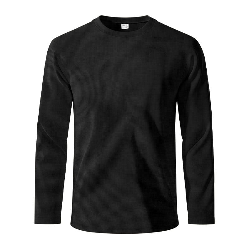 Black men’s long sleeve waffle knit thermal pullover featuring a subtle textured weave and crew neck design.