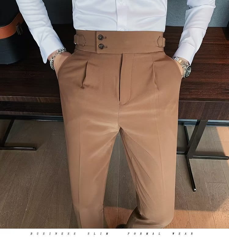 Tan slim-fit Korean style men trousers with a structured waistband featuring two decorative buttons and belt loops.