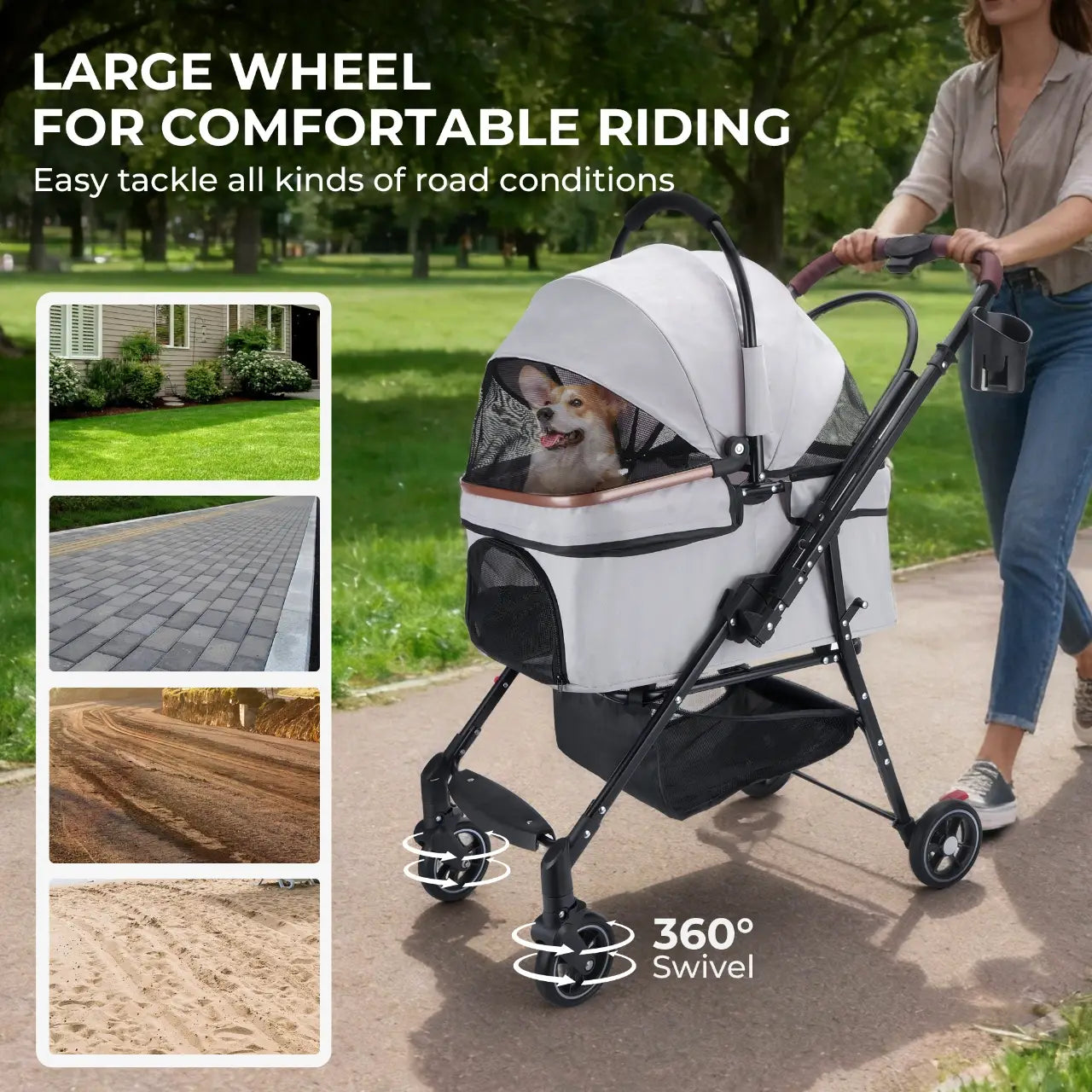 Foldable pet stroller for small dogs and cats in white and black with a mesh canopy designed for comfortable outdoor rides.