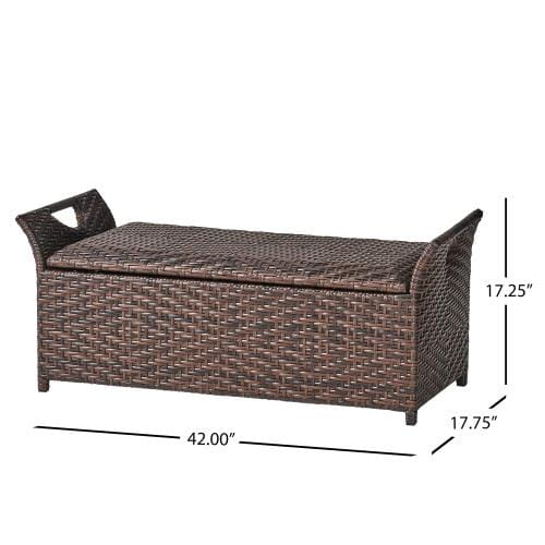 Brown wicker storage bench with woven texture and curved handles designed for outdoor seating.