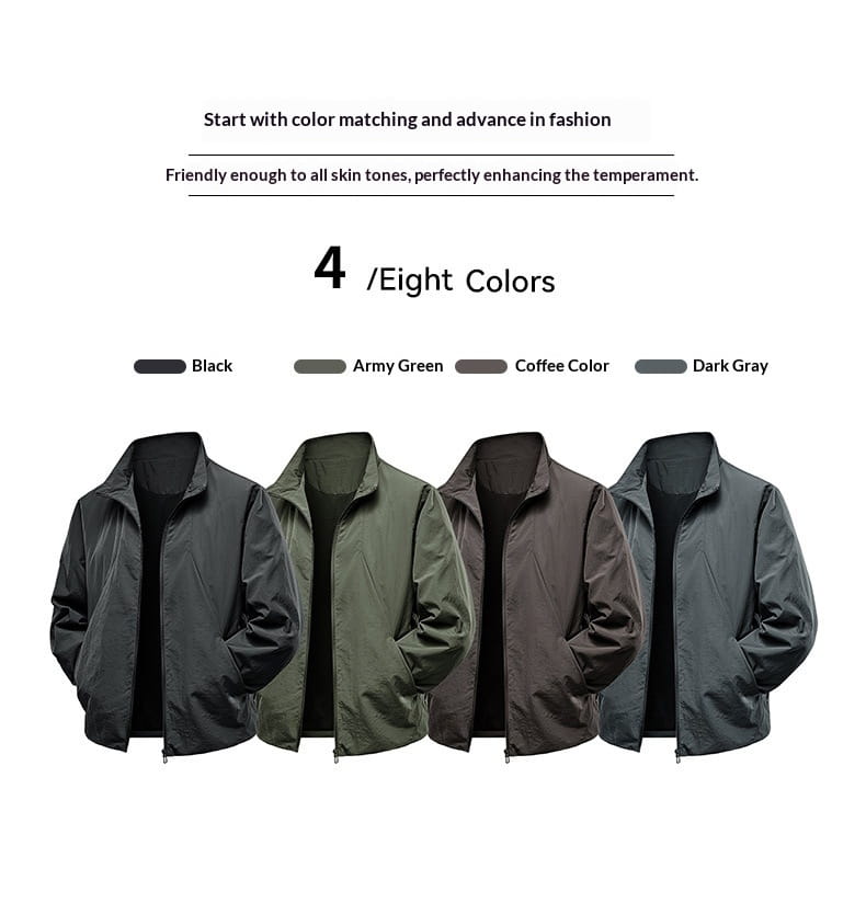 Vestes légères coupe-vent imperméables zippées pour homme en noir, vert armée, couleur café et gris foncé, fabriquées dans un matériau résistant à l’eau, présentées en quatre options de couleur.