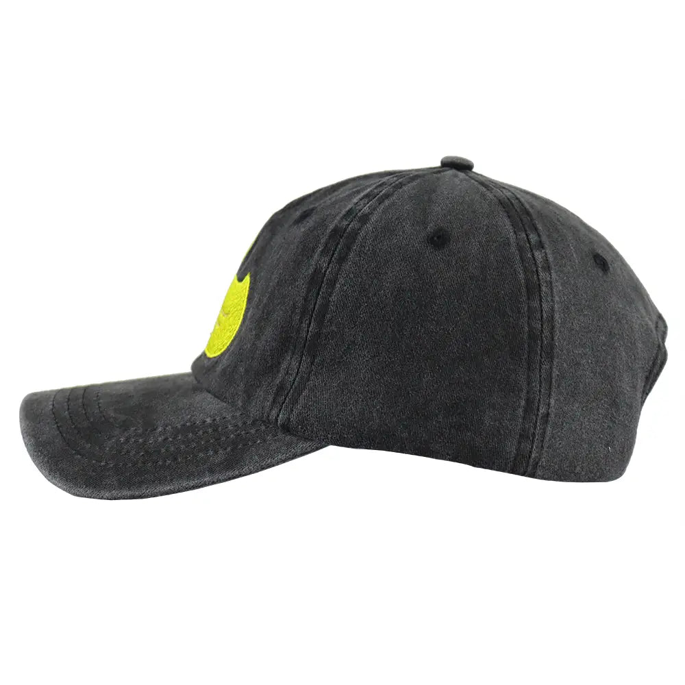 black denim baseball cap featuring a bright yellow smiley face patch on the side, part of the duck embroidered distressed denim baseball cap collection.