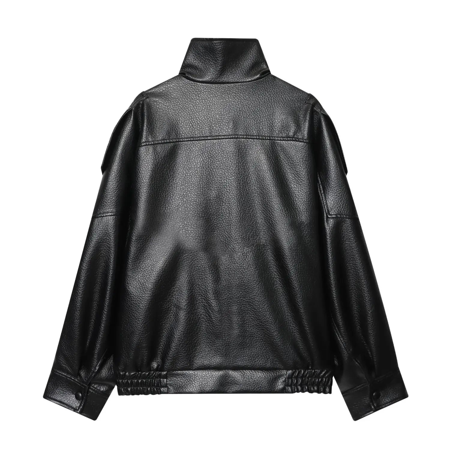 Schwarze Damen-Motorradjacke mit hohem Stehkragen aus Kunstleder mit elastischen Bündchen, von hinten gezeigt.