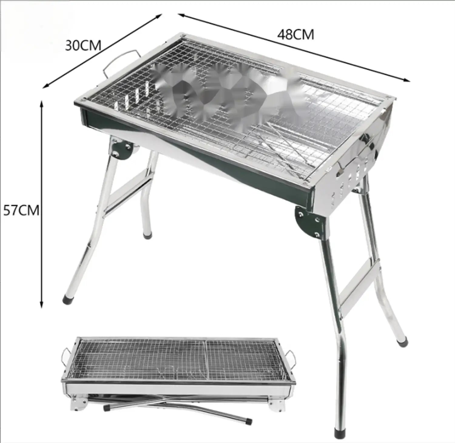 Silver stainless steel foldable charcoal grill with mesh cooking surface measuring 30cm by 48cm by 57cm included in charcoal grill with 30 stainless steel skewers set.