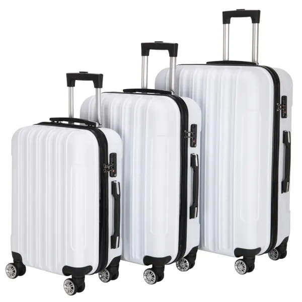 Set of three white hard-shell spinner suitcases with black trim and wheels for versatile travel use.