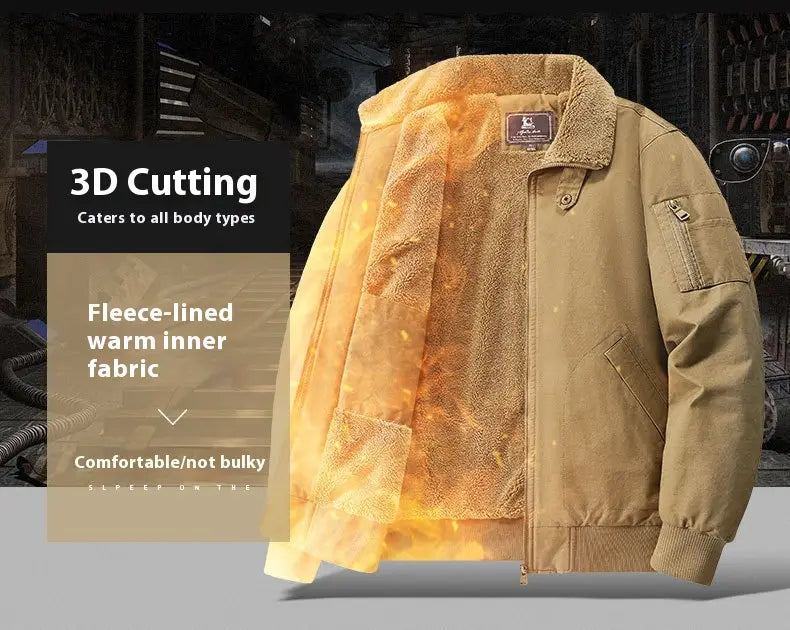 Men cotton shearling bomber jacket in tan featuring fleece lining and a plush warm inner fabric with a classic design.