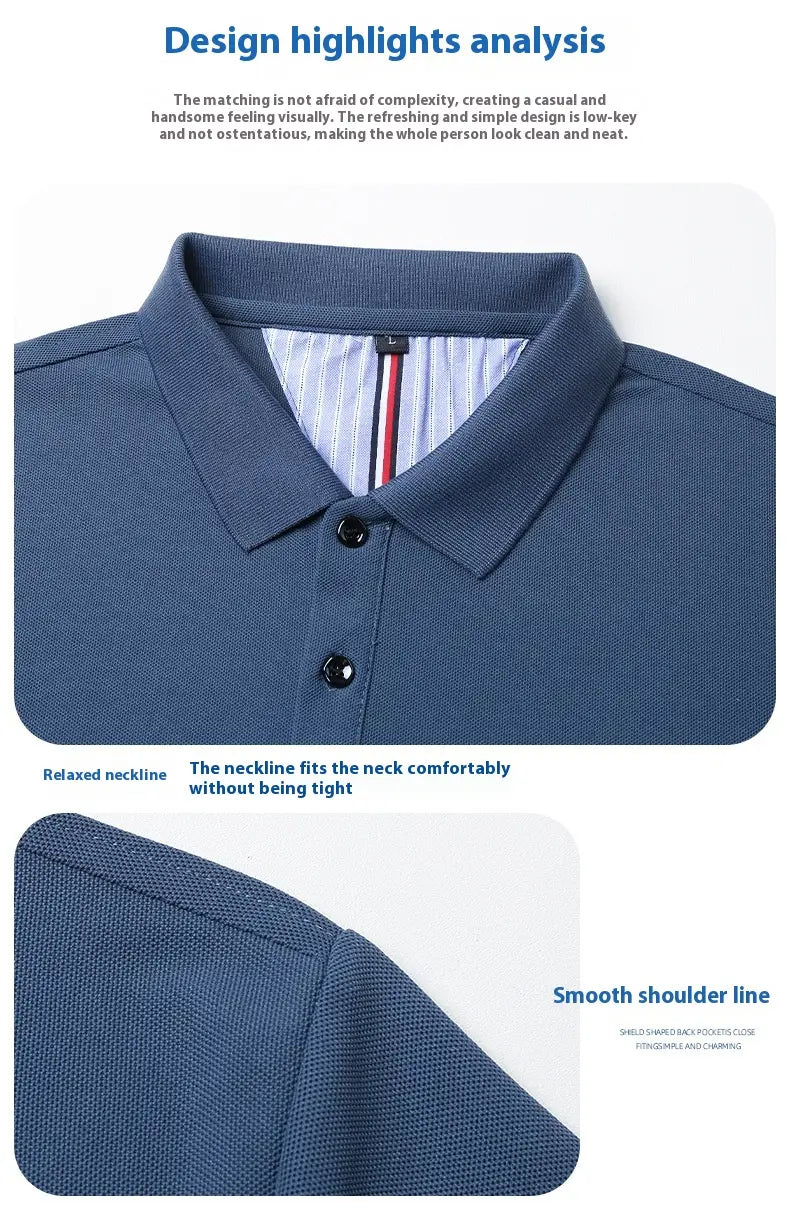 Herren-Poloshirt mit kurzem Ärmel in dunkelblau strukturierter Optik mit gestreifter Innenkragen und schwarzen Knöpfen, ideal für lässige Sommerbekleidung.