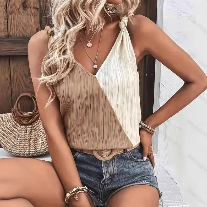 Top tipo camiseta de canalé sin mangas tipo halter en color beige y crema con bloques de color, con un detalle de nudo en el escote.