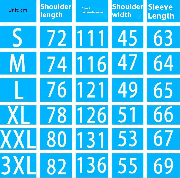blue table with white text displaying size measurements in centimeters for a men’s plaid hooded flannel shirt