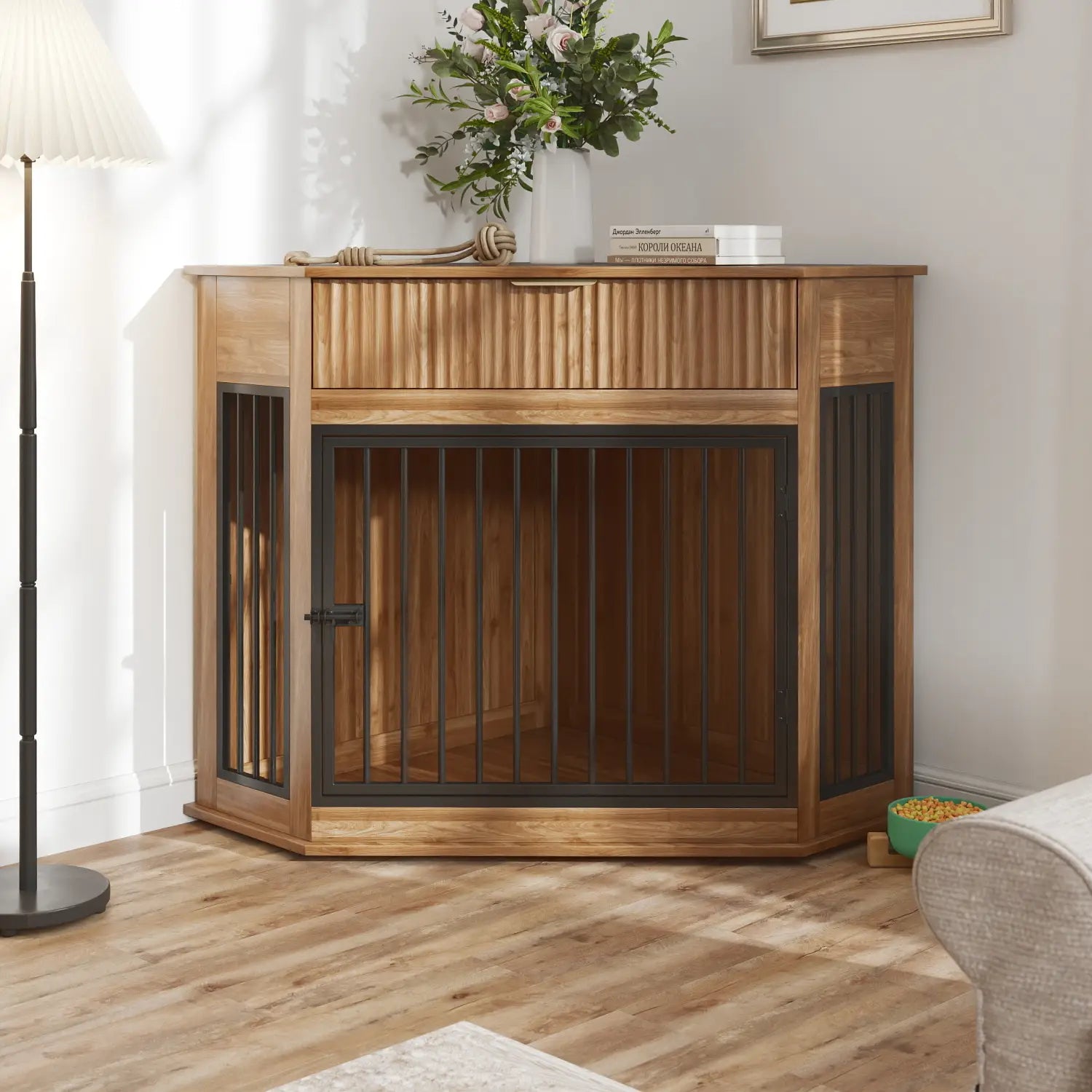 Rustic wooden corner dog crate furniture with black metal bars and a slatted front panel featuring a fluted storage drawer.