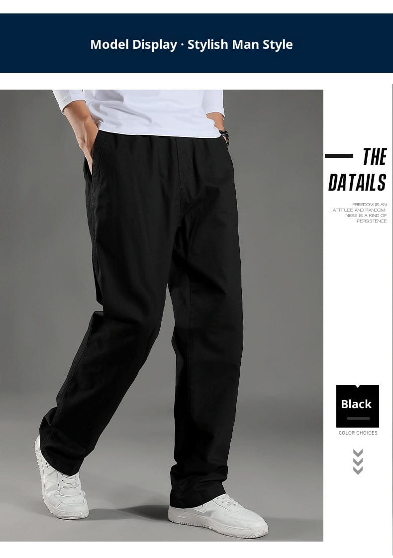 Black casual men’s Japanese style cotton straight leg workwear pants with a relaxed fit and subtle side pockets.