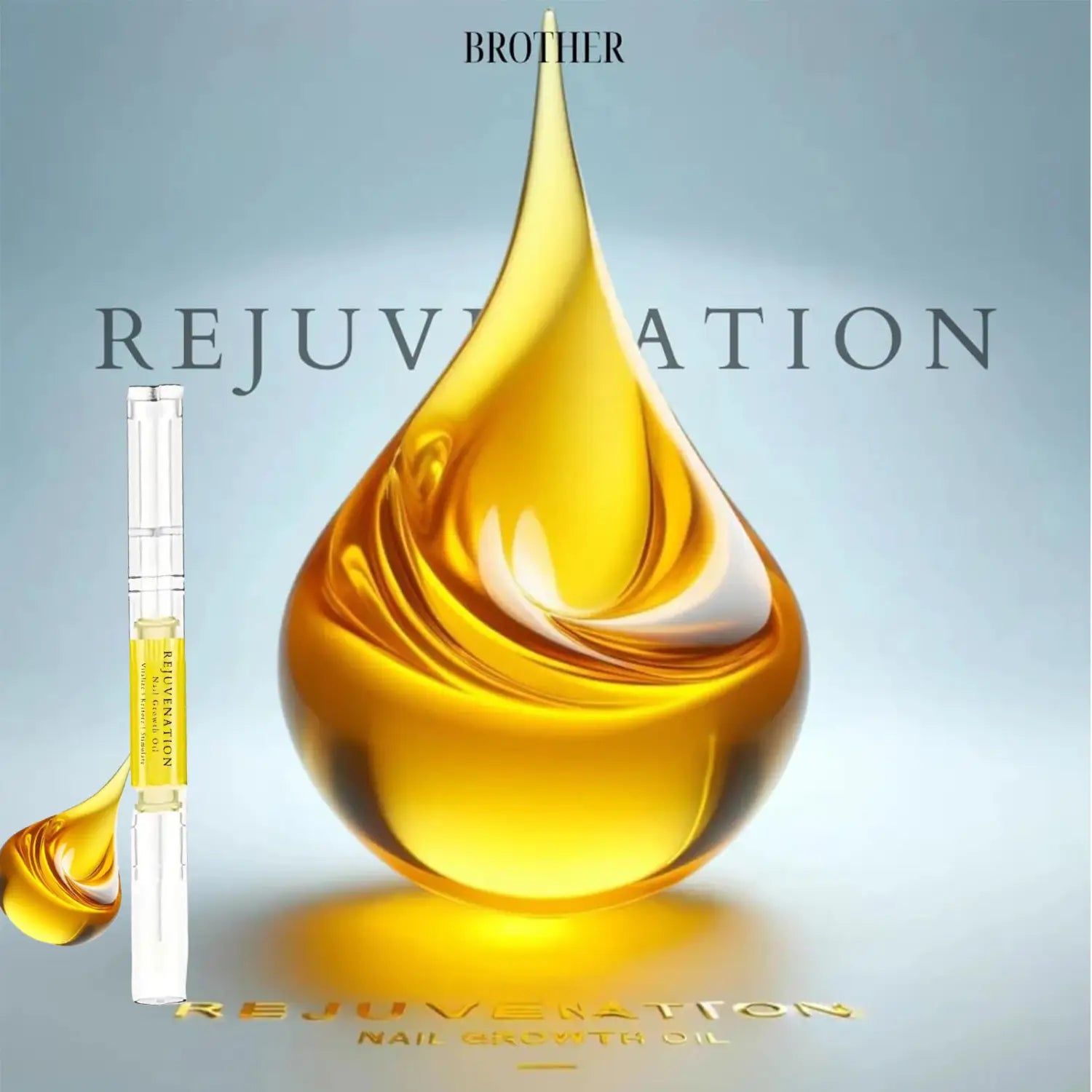 A sleek transparent pen-style bottle of brother rejuvenation nail growth oil for strength and moisture with a yellow label and golden liquid inside.