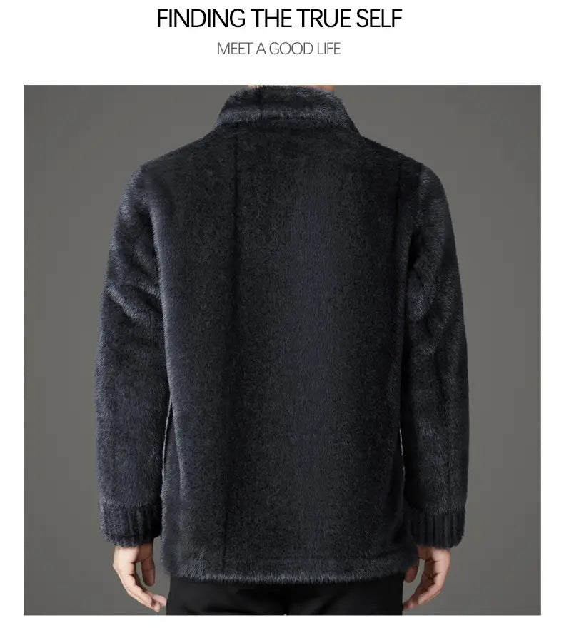 Dark gray faux fur winter coat for men with ribbed cuffs and hem.