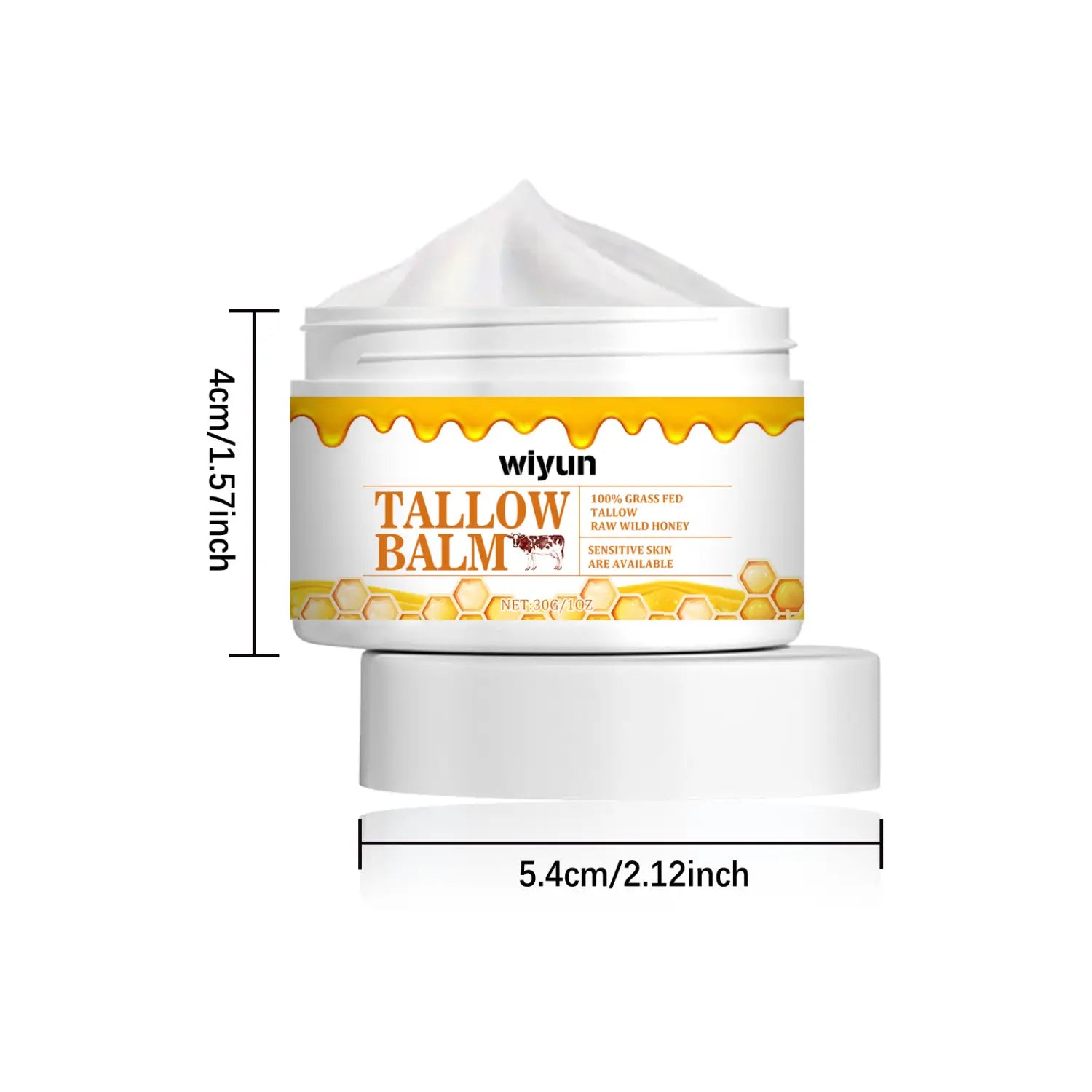 Weiße zylindrische Dose mit Wiyun-Talg-Balsam mit gelbem Honig-Themenaufkleber und einer Portion weißen Balsam auf der Oberseite als Anti-Falten-Creme mit rohem Honig, 30 g