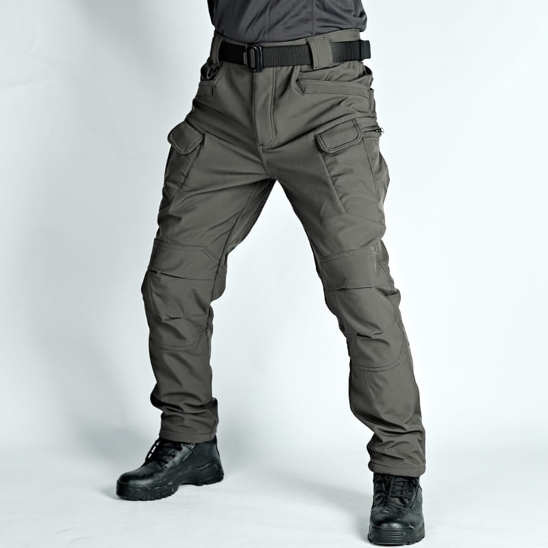 Men’s fleece-lined waterproof tactical pants in dark gray with multiple cargo pockets and durable functional design