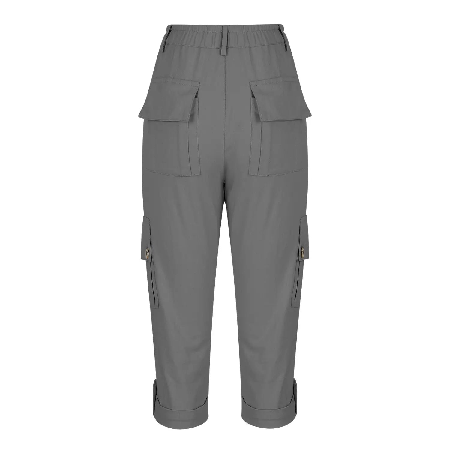 Pantalon capri cargo gris taille haute pour femmes, pantalons décontractés, avec multiples poches et ourlets retroussés.