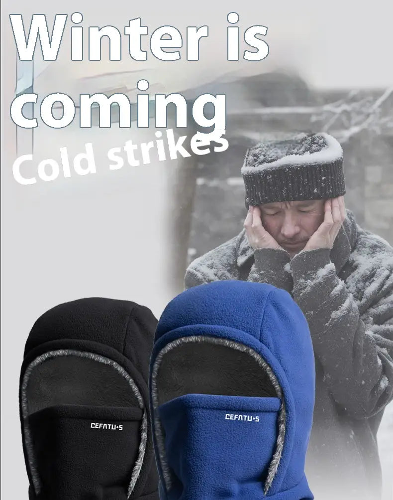 black and blue fleece hooded balaclavas with gray trim and cefatu-s branding designed as winter thermal hats for warmth and outdoor use