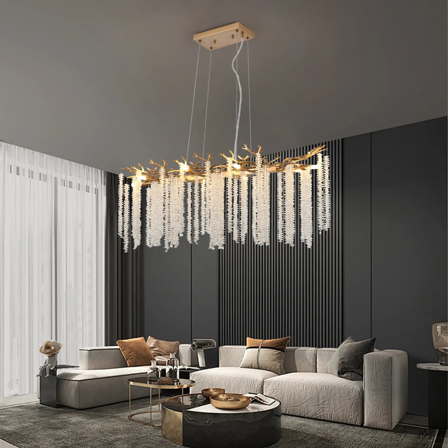 39 inch golden crystal waterfall pendant light featuring a gold-toned antler-inspired chandelier with cascading clear crystal strands.