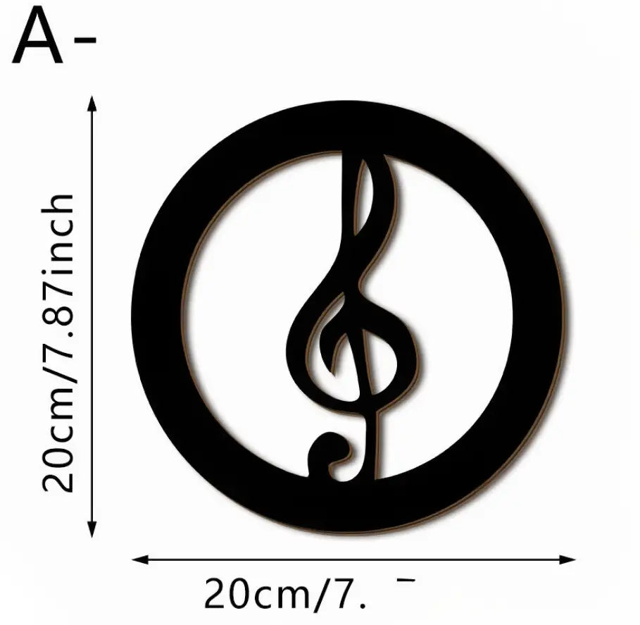 Black circular wooden wall decor featuring a cut-out treble clef design from the musical note wooden wall decor 4 piece set 20x20cm.