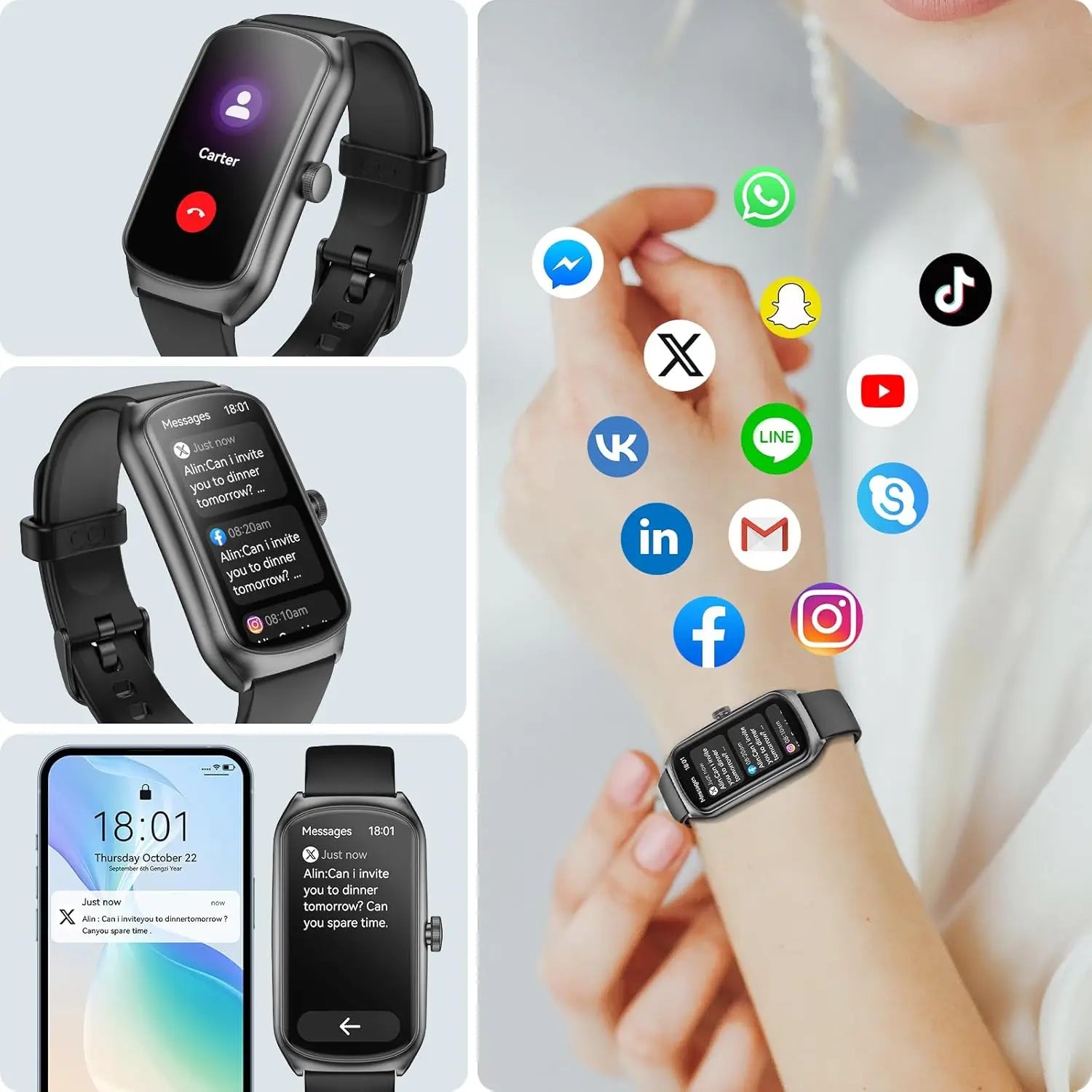 Black Anyloop Amoled fitness smartwatch with rectangular screen and black strap featuring heart rate and SpO2 monitoring.