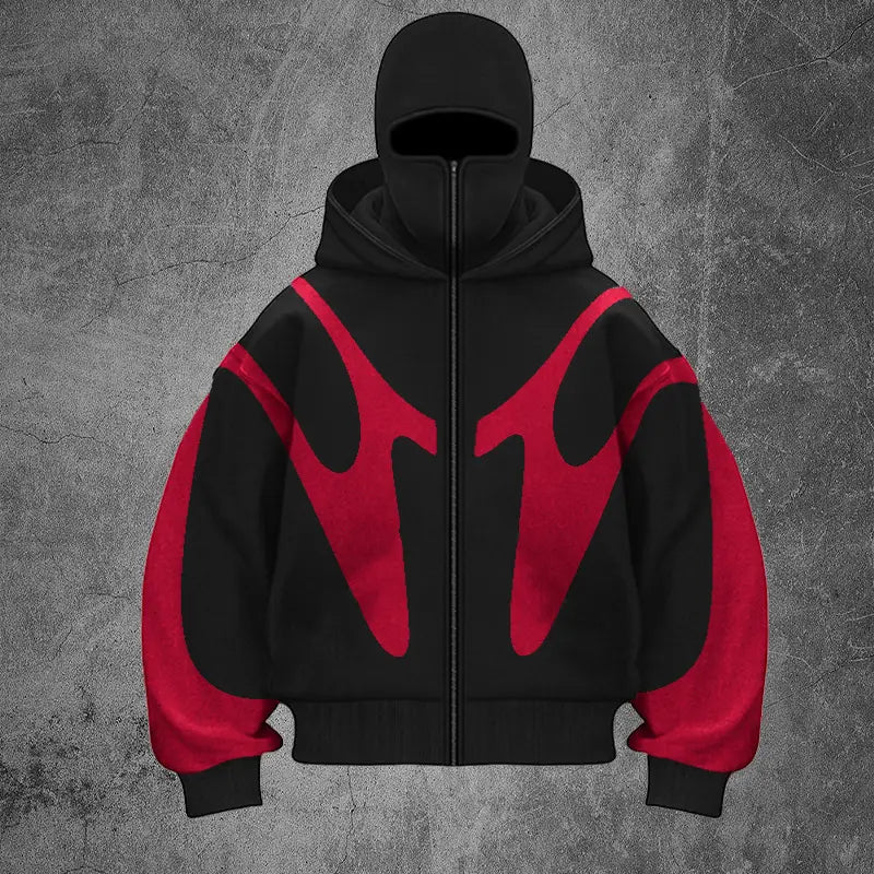 Veste à capuche zippée noire et rouge à motif de flamme, fabriquée dans un tissu souple, avec une cagoule assortie conçue pour les activités en extérieur.