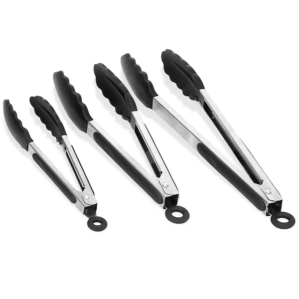 Set of four black and stainless steel kitchen tongs with textured silicone grips from a stainless steel kitchen tongs with silicone tips 3 pack.