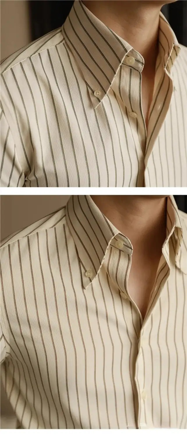 ein cremefarbenes gestreiftes Slim-Fit-Langarmhemd mit Knopfleiste mit dünnen dunklen vertikalen Streifen, geeignet für formelle und legere Anlässe