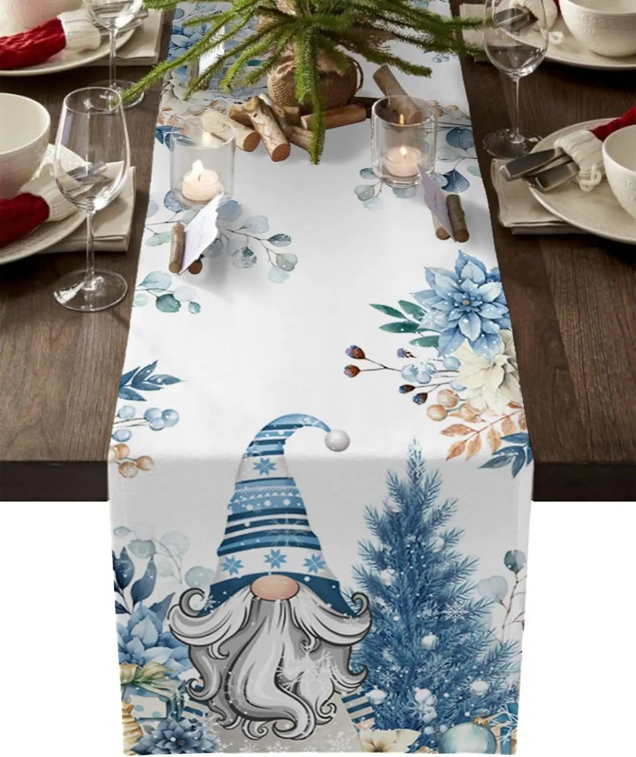Blue and white gnome-themed Christmas table runner featuring floral and pine design measuring 183x33 for festive holiday decor.