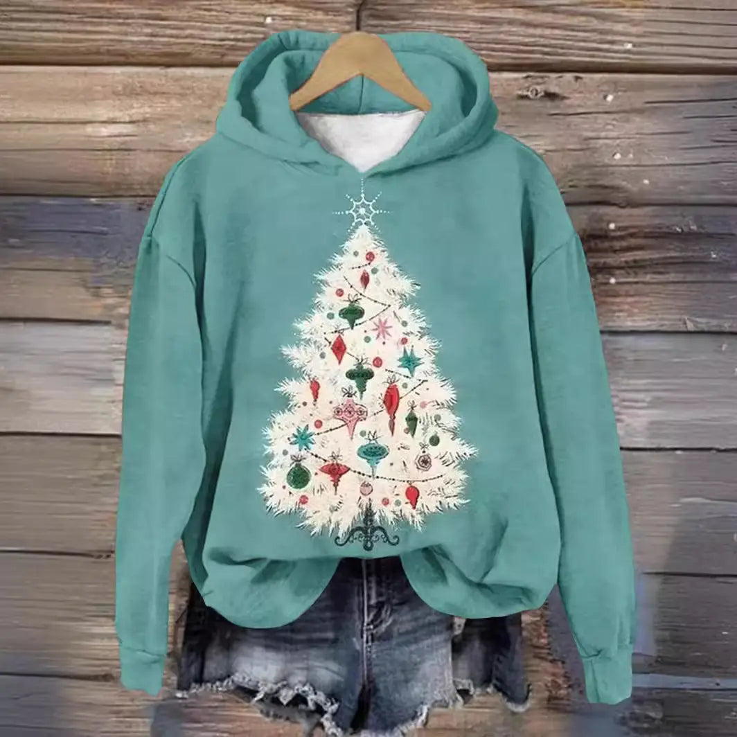Men’s graphic print pullover hooded sweatshirt in teal featuring a christmas tree design with festive ornaments and a white inner lining.