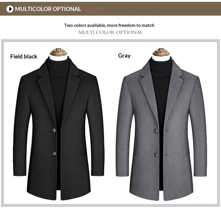 Herren-Dicker Wollmantel warme Winterjacke mit schwarzer- und grauer Farbgebung, mit Revers mit Kerbschnitt, doppelreihigem Knopfverschluss und seitlichen Taschen