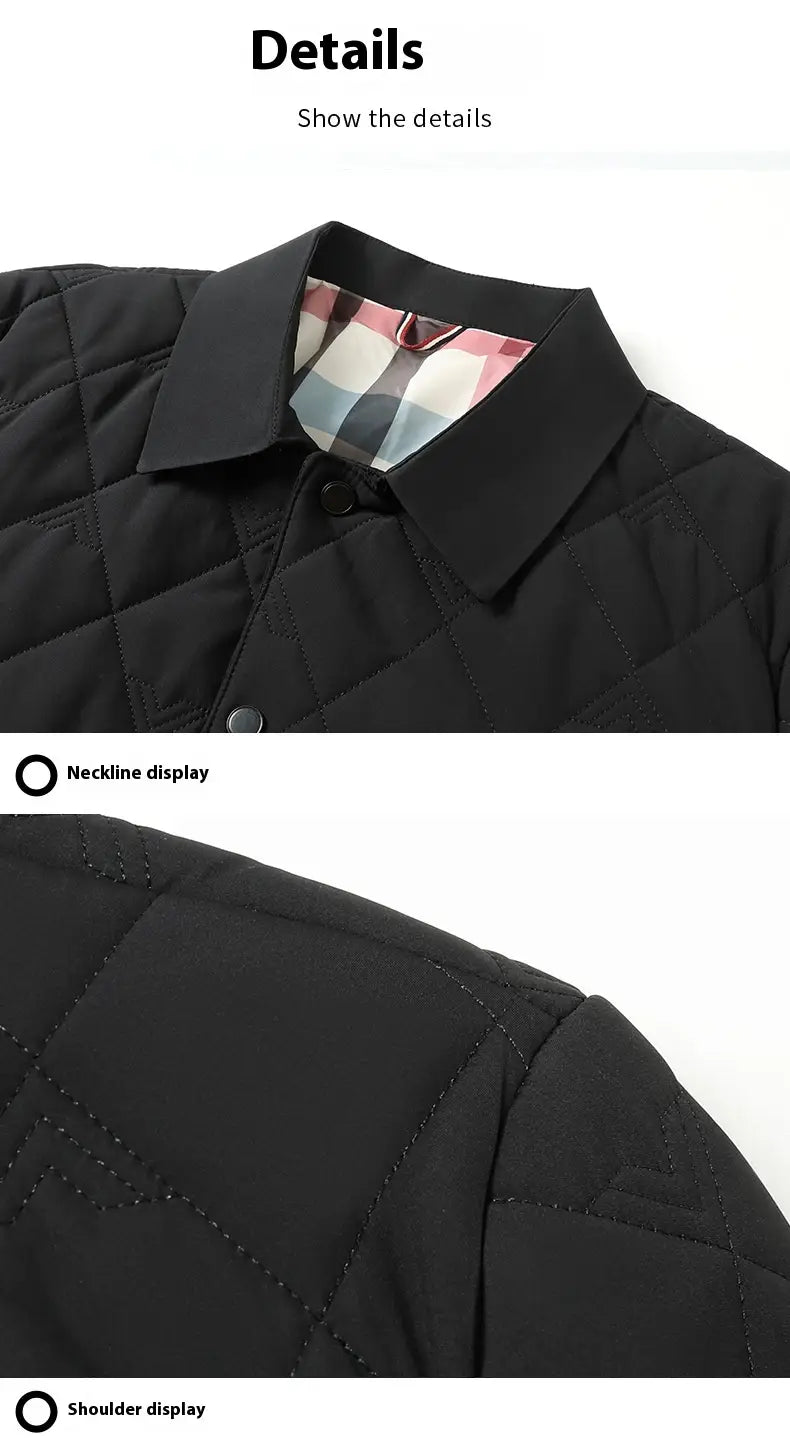 Chaqueta acolchada de trabajo para hombres en negro con forro interior de cuadros y material acolchado resistente.