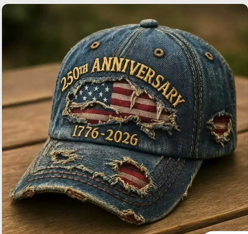 A distressed denim baseball cap featuring a torn American flag patch with 250th anniversary 1776-2026 embroidered in gold thread.