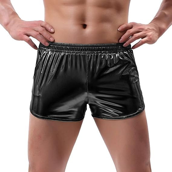 Mens shiny metallic casual shorts in black shiny faux leather with an elastic waistband shown from the back.