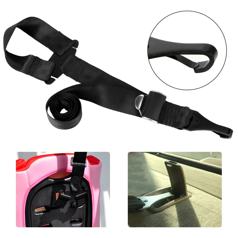 Black fabric universal isofix car seat belt extender strap with metal buckle and hook for enhanced safety and convenience.