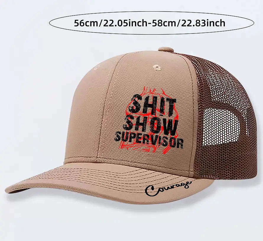 Tan and brown trucker hat with mesh back featuring bold black text outlined in red reading shit show supervisor on the front panel, designed as a novelty hat for men.