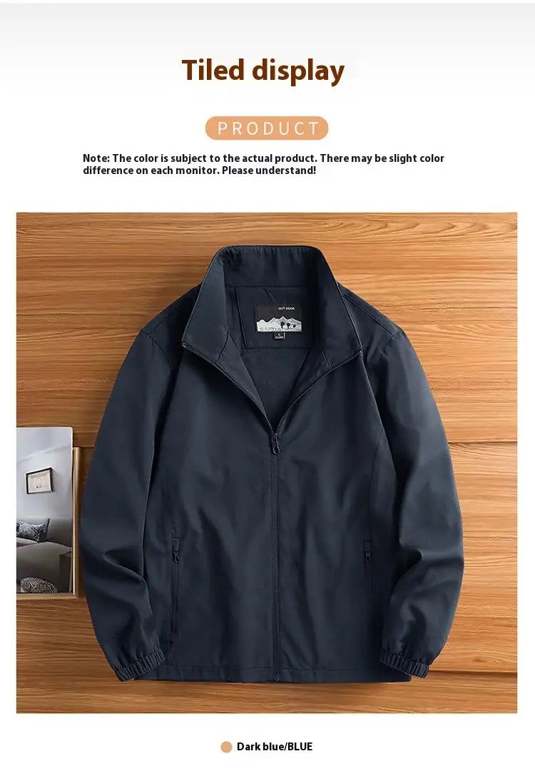 Men casual jacket dark blue lightweight nylon windbreaker with a stand-up collar and elastic cuffs for outdoor use.