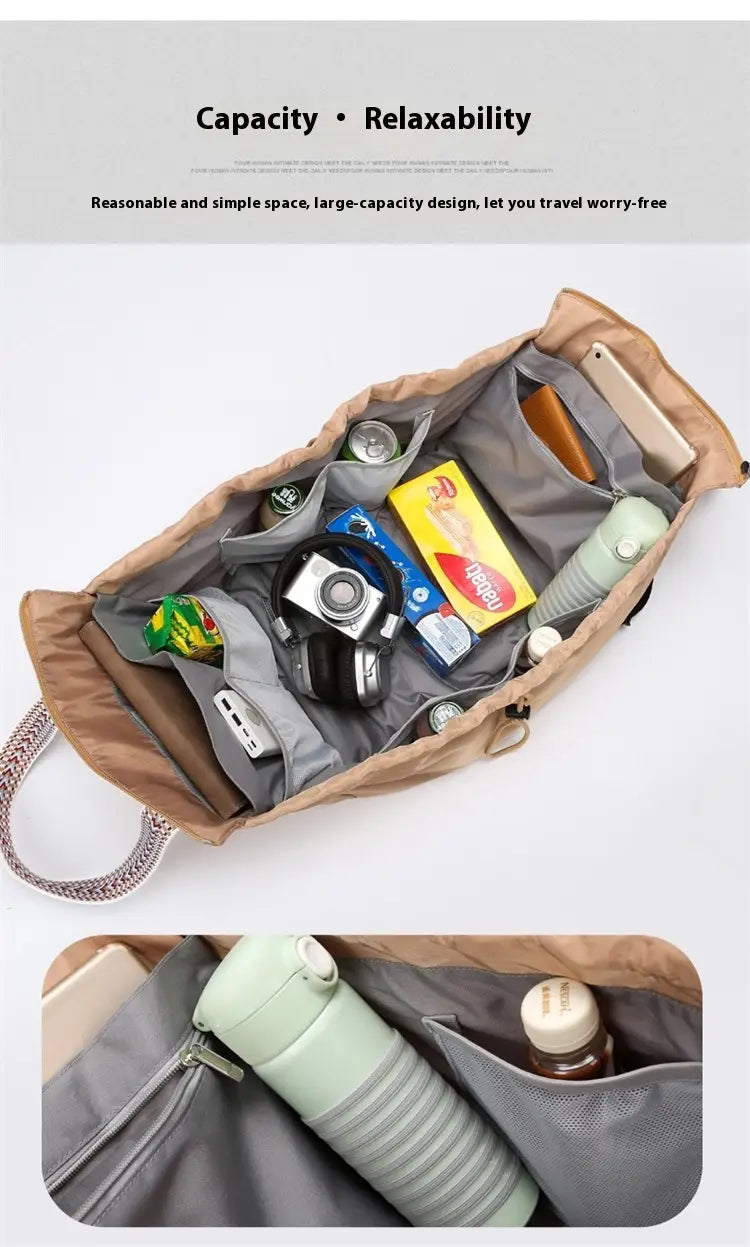 Tan and gray multifunctional waterproof nylon fashion tote and backpack with multiple compartments holding a camera water bottle snacks and essentials.