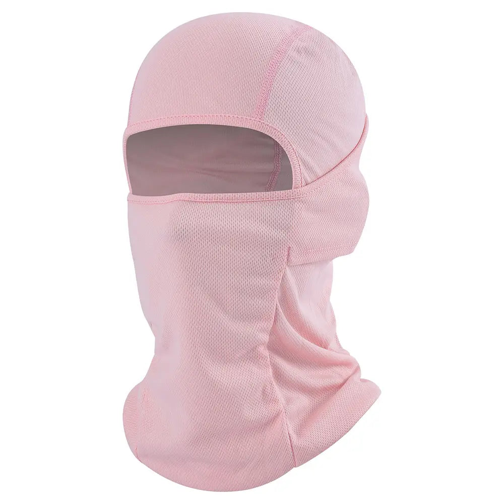 A soft pink breathable mesh motorcycle balaclava with snug fit and eye openings for sun protection.